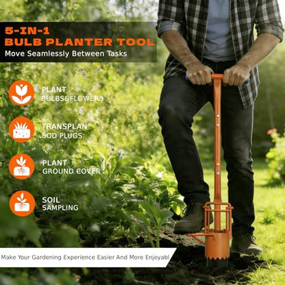 Bulb Planter Tool ,long planter | 5-in-1 Lawn bulb Auger for Planting Bulbs & Sod Cutting | for Tulips bulbs, Daffodil bulbs, Iris | Easy Digging Holes | Save Time & Back Strain (Bulb planter-middle)