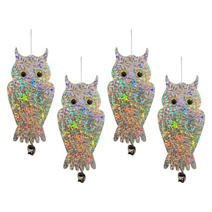 PESTEZE USA Owl Bird Deterrent Reflective Hanging Decoy Repellent with Bell, 4 Pack 6 x 13.5 in Shiny Scare Device Keep Birds Away Outdoor Porch Garden Yard Patio Protect Property