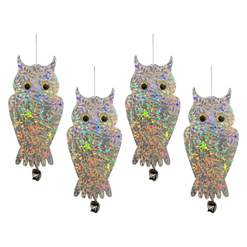PESTEZE USA Owl Bird Deterrent Reflective Hanging Decoy Repellent with Bell, 4 Pack 6 x 13.5 in Shiny Scare Device Keep Birds Away Outdoor Porch Garden Yard Patio Protect Property