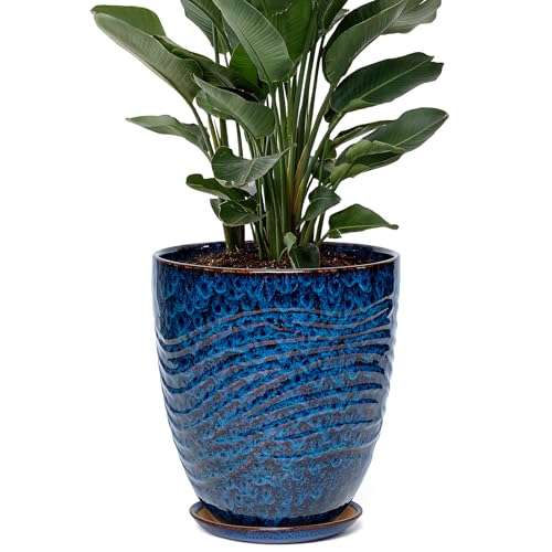 9.5 Inch Modern Ceramic Plant Pot with Saucer, Flower Pot with Drainage Hole Mesh Net,Indoor Outdoor Planter (Speckle Blue) - color: Peacock Blue, size: 9.5 Inch