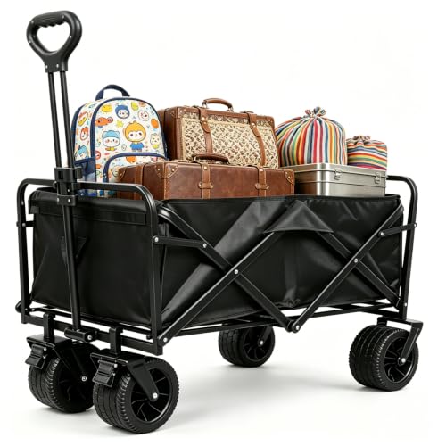 Heavy Duty Collapsible Folding Wagon Cart, All-Terrain Wheels with Dual Brakes, 220LBS Capacity Utility Wagon for Beach, Garden, Grocery, Sports & Outdoor – Black