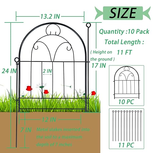 Decorative Garden Fence 17in(H) x 10ft(L), Rustproof Metal Animal Barrier - size: 21" High,11ft