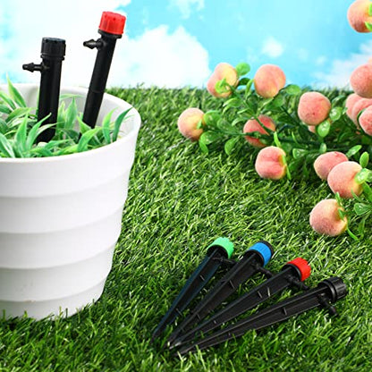 Mudder 100 Pcs 5.2 Inches Drip Irrigation Emitters for 1/4 Inch Drip Irrigation Tubing 360 Degree Adjustable with Arrow Stake Fan Sprayer for Garden Watering System
