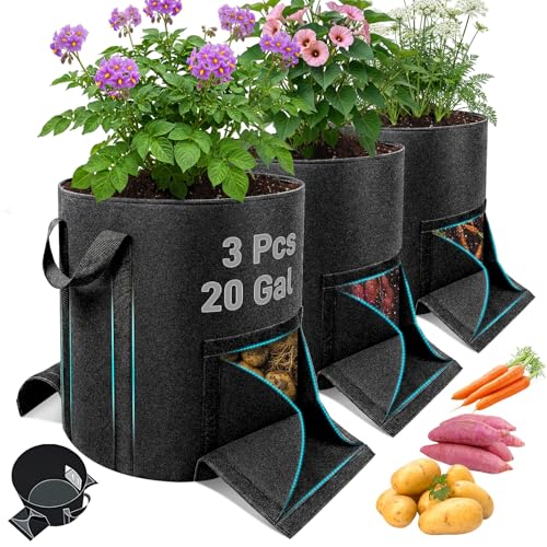 Mulctun 3Pcs 20 Gallon Potato Grow Bags, Grow Bags with Harvest & Visible Windows,Potato Bags for Growing Potatoes with Sturdy Handles,Potato Growing Containers for Growing Potatoes Vegetables - size: 3 Pcs