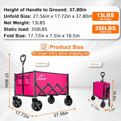 AMNOW 100L Collapsible Wagon Cart with All Terrain Wheels, 350LBS, Rose - color: Rose-3