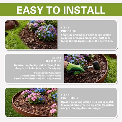 33 ft No Dig Landscape Edging Kit with 50 Spikes, Hammer & Gloves, 4in high - color: Brown, size: 4in x 33ft