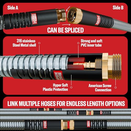 Best 50 ft Metal Garden Hose Set - No-Kink Durable 316 Stainless Steel, 10-Way Zync Spray Nozzle & Hook – Tough Flexible Heavy Duty Water Hoses, 5/8 in, Rust, Weather, LeakProof - size: 50 FT SET