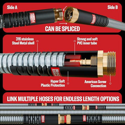 Best 50 ft Metal Garden Hose Set - No-Kink Durable 316 Stainless Steel, 10-Way Zync Spray Nozzle & Hook – Tough Flexible Heavy Duty Water Hoses, 5/8 in, Rust, Weather, LeakProof - size: 50 FT SET