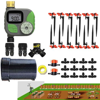 Drip Irrigation Kit Automatic Watering System with Water Timer 64FT 1/4 Tubing and 12 Rain Spray Watering Nozzles in 4 Directions for Potted Plants Yard Lawn Juvenile Plants Greenhouse Mist - size: 1t