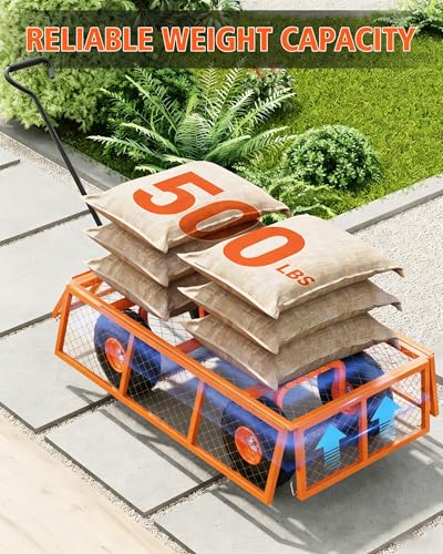 500 LBS Heavy Duty Steel Garden Cart, 3-in-1 Yard Wagon, 10" Air Tires - color: Orange, size: 500LBS