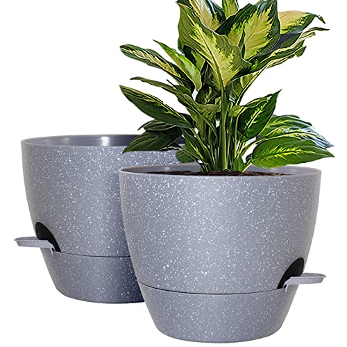 10 inch Self Watering Planters, 2 Pack Large Plastic Plant Pots with Deep Reservior and High Drainage Holes for Indoor Outdoor Plants and Flowers, Speckled Grey - color: Grey With Speckles