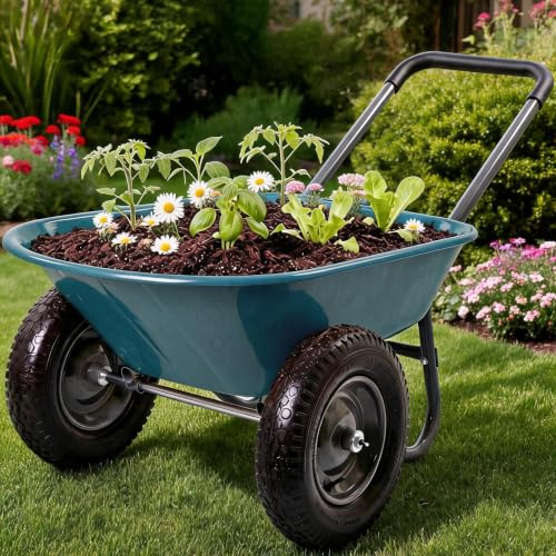 600 Lbs Garden Wheelbarrow with All Terrain 2 Wheel Wagon Cart Steel Frame - color: Army Green