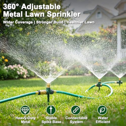 FANHAO 3-Pack Heavy-Duty Metal Lawn Sprinkler for Yard, 360° Adjustable Garden Water Sprinkler with Spike Base, Large Area Irrigation System for Lawn, Grass, Patio & Backyard