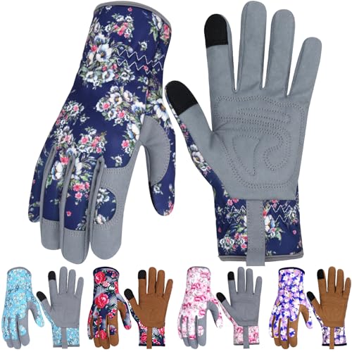 Leather Gardening Gloves for Women Thorn Proof Garden Gloves Touch Screen Working Gloves Gifts,M - color: Blue