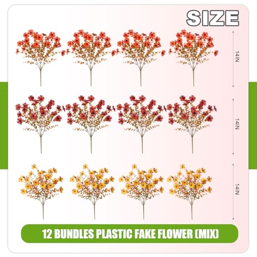 ADXORA 12 Bundles Fake Artificial Mums Fall Flowers for Outdoor Decoration - color: A2-orange, Autumn Red, Yellow