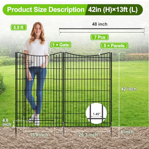 INJOPEXI Decorative Garden Fence 6 Panels 13ft (L)×42in (H) Animal Barrier Fences with 5 Panels + 1 Gate, No Dig Garden Fencing Rustproof Metal Wire Temporary Rabbit Dog Fence for Patio Outdoor Yard - size: 6 Panels 13ft(L)-42"(H) - With Gate