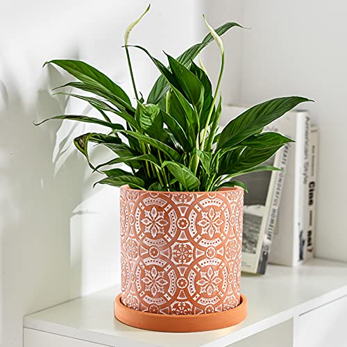 Jucoan 2 Pack Terracotta Plant Pot, 5'' Red Clay Planter Pot with Boho Flower Pattern, Ceramic Cactus Flower Planter Succulent Pot with Drainage Hole and Saucer for Indoor Outdoor Plant