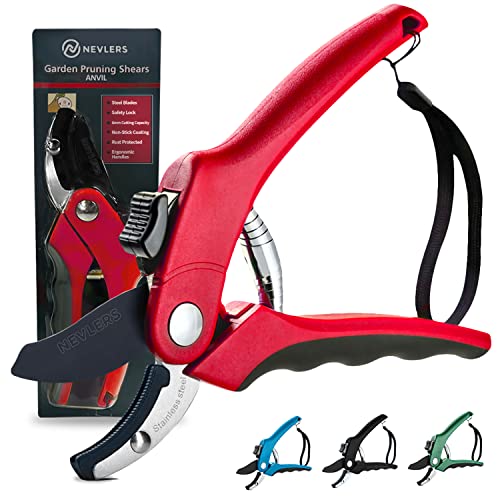 Nevlers 8" Red Anvil Pruning Shears for Gardening w/ 8mm Cut Capacity - color: Red, size: Anvil