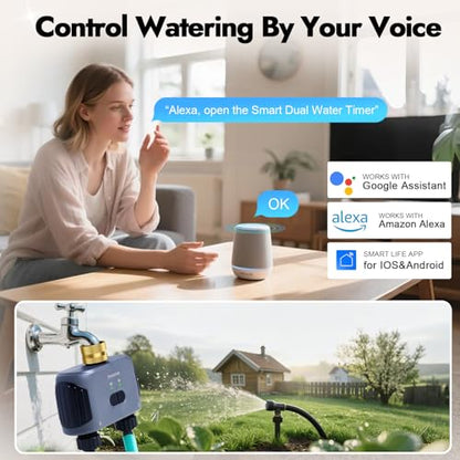 WiFi Water Timer for Garden Hose with Brass Inlet,Smart Hose Timer with WiFi Hub, APP & Voice Control,Up to 20 Watering Plans, 2-Zone Sprinkler Drip Irrigation System Controller for Yard Lawn Watering - color: Black