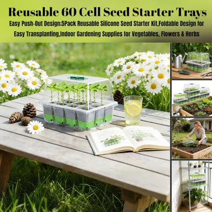 NestNature 5-Pack Seed Starter Tray Set|60-Cell Flexible Germination Trays - color: Classic Style Green