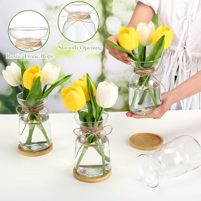 FoldTier 4 Sets Hyacinth Glass Vase with Bamboo Coaster Rope Hyacinth Avocado Growing Bud Vase Decorative Glass Flower Vases for Centerpieces Bulb Forcing Plant Containers Home Office Table Decoration