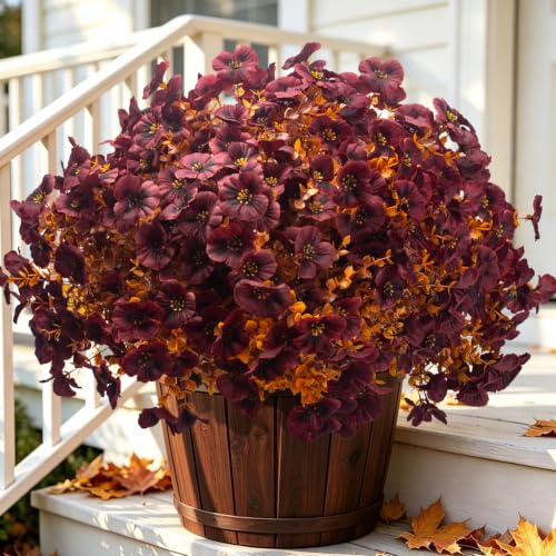 Grunyia 16 UV Resistant No Fade Artificial Pansy Flowers for Fall Decor - color: Fall Wine Red