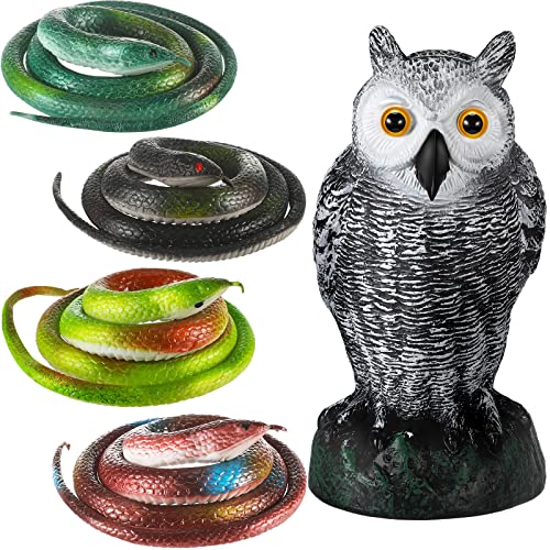 Qualirey 5 Pcs Fake Rubber Snake and Owl Set Includes 4 Pcs 29'' Lifelike Toy Snakes 1 Pack 10'' Fake Owl Decoys to Keep Birds Away Nature Enemy Horned Pest Repellent for Outdoor Garden Yard