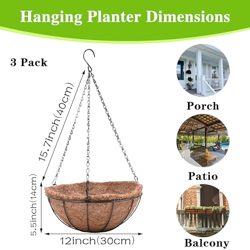 EIMQUVW Metal Hanging Planters Basket Set of 3 Hanging Flower Pots 12 Inch Chain Round Wire Plant Holder with Coco Coir Liner Garden Watering Hanging Baskets for Patio Garden Outdoor1