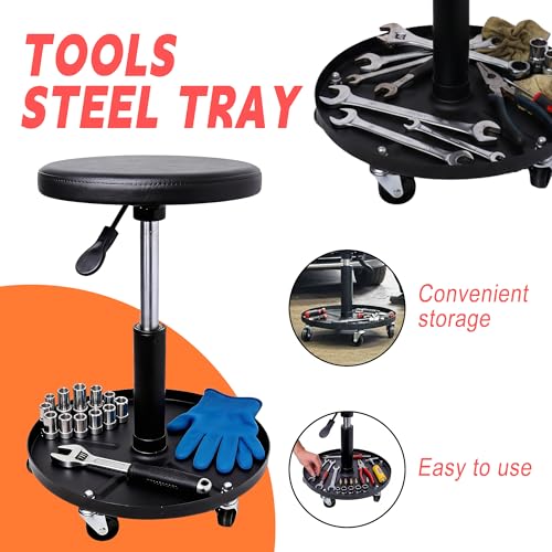 Rolling Mechanic Stool with Wheels Pneumatic Garage Shop Seat,Black - color: Black