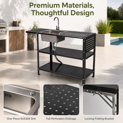 Outdoor stainless steel sink operating table with folding side table