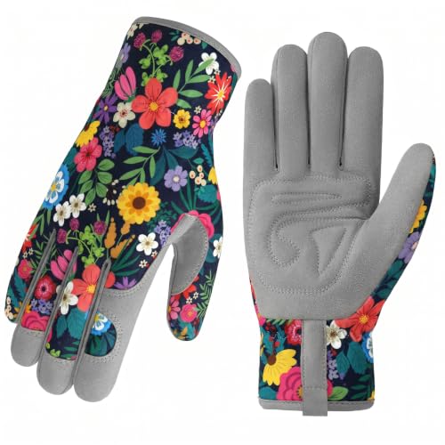 Gardening Gloves for Women, Breathable Leather Garden Gloves,Gardening Gift - color: Black - Grey Flowers