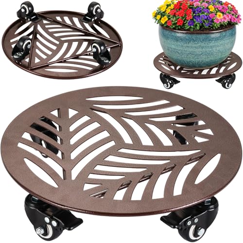 1-Pack Large Metal Plant Caddy with Wheels 13.6 Inches Heavy-duty Rolling Plant Stands with Casters Wheeled Flower Pot Mover Rollers Rust-proof Iron Planter Dolly Coasters for Indoor Outdoor Use - color: Textured Brown, size: 13.6"/ 1 pack