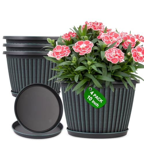 Myfeegoin Planter-Pots-for-Plants-Indoor-Outdoor, 4 Pack 10 Inch Plastic Flower Pots with Saucer & Drainage Holes, Modern Garden Planters for Planting Medium Large Plants，Decorative Resin Garden Pots - color: Blue Green, size: 10 inch