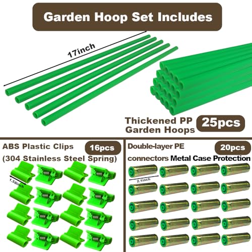 Greenhouse Hoops Set for DIY Grow Tunnel，Metal Connectors Thickened High Tenacity PP Dark Green Garden Hoops for Row Cover，Raised beds，DIY Plant Support Garden Stakes, 25pcs