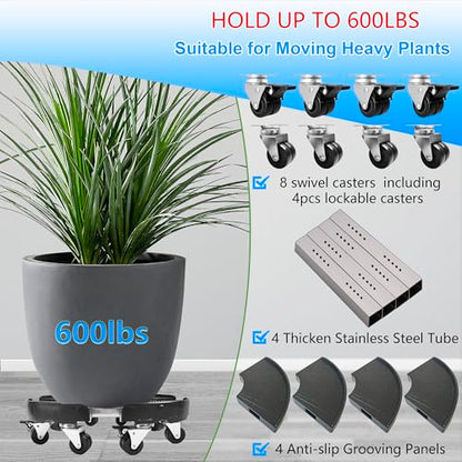 CASIMR Plant Stand with Wheels, Heavy Duty Plant Caddy with 8 Twin Casters, Adjustable 15-20 Inch Indoor Outdoor Large Rolling Plant Stand Planter Cart Dolly for FlowerPot, 600lbs Capacity - color: Black+ 8 Black Casters