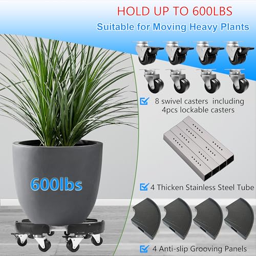 CASIMR Plant Stand with Wheels, Heavy Duty Plant Caddy with 8 Twin Casters, Adjustable 15-20 Inch Indoor Outdoor Large Rolling Plant Stand Planter Cart Dolly for FlowerPot, 600lbs Capacity - color: Black+ 8 Black Casters