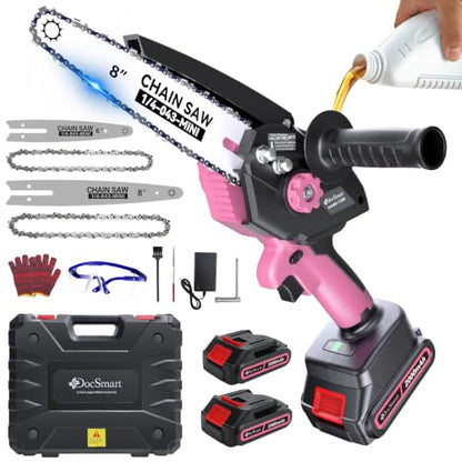 Mini Chainsaw with 1000W Brushless Motor, 8 inch & 6 inch 2 Batteries - color: Pink