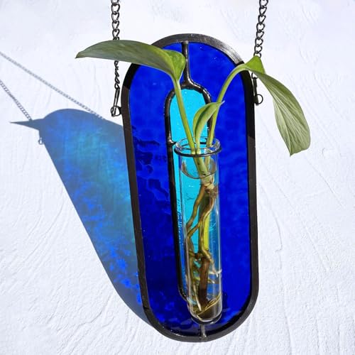 LITMIND Transparent Blue Stained Glass Propagation Station - Handcrafted Suncatcher Hanging Planter with 2 Glass Tubes, Multi-Color Hydroponic Wall Décor for Windows, Home & Garden - color: Style B05 (Ocean Sapphire)