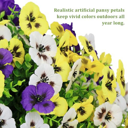 24" Artificial Pansy Flowers for Outdoors with Cement Pots Set of 2 - color: Pansy Yellow-purple-white