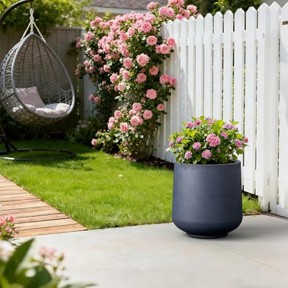 Kante 17.3" Tall Round Curved Concrete Planter, Charcoal Floor Pot - color: Charcoal, size: 15.3" D
