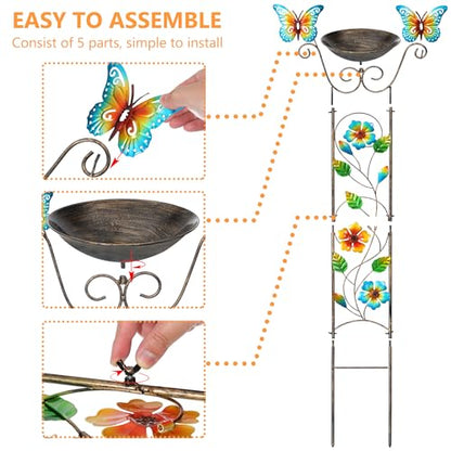 SUNNYPARK 43.5 Inch Metal Bird Bath Bowl with Garden Trellis Outdoor - size: Floral-Butterfly