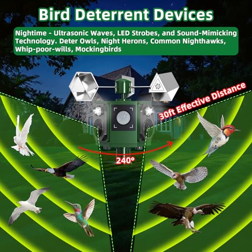 Ultrasonic Bird Repeller Outdoor Solar Pigeon Repellent Device with Motion Sensor & Flashing Lights, Bird Deterrent Reflectors to Keep Birds Crows Sparrows Starlings Away from Patio, Garden & Balcony