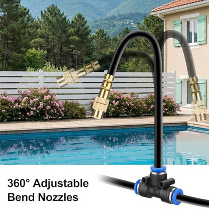 100FT Drip Irrigation System Kit, 1/4 Inch Garden Watering System with 16 Adjustable Brass Nozzles, Automatic Misting Watering Kit for Raised Beds, Greenhouse, Lawn, Patio, Yard