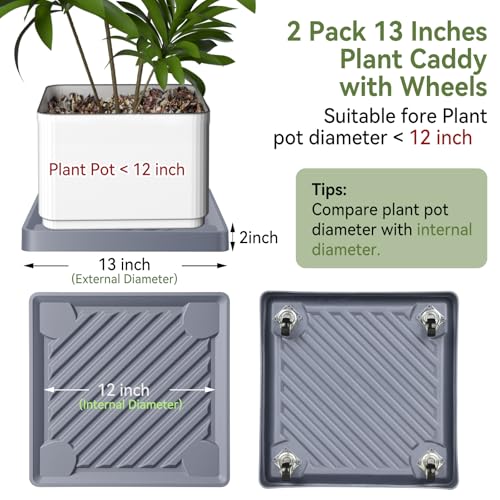Plant Caddy with Hidden Wheels 2 Pcs 13 Inch Heavy Duty Square Rolling plant stands Indoor Outdoor Plant Saucer Tray Dolly with $9.9 Garden Tools (Gray) - size: 13 Inch (2 Pcs)