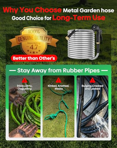BlueGarden Metal Garden Hose 50 ft with 10 Function Nozzle,No Kinking,Flexible,Heavy Duty & Lightweight Water Pipe,Stainless Steel Outdoor Water Hose for Yard and Lawn,Non-Expandable 50 feet - size: 50ft