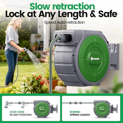 Garden Retractable Hose Reel, 5/8 in x 50 ft Wall Mounted Garden Hose Reel with Any Length Lock, Upgraded Slow Return System and 180°Swivel Bracket - size: 5/8" 50FT