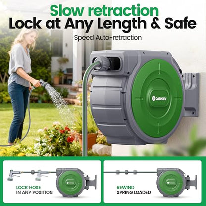 Garden Retractable Hose Reel, 1/2 Inch x 100 ft Wall Mounted Garden Hose Reel with Any Length Lock, Upgraded Slow Return System and 180°Swivel Bracket - size: 1/2"100FT