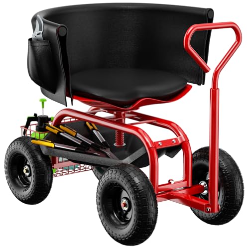 Baotree Garden Seat with Wheels, Rolling Garden Stool with Adjustable 360°Swivel Seat, Storage Basket & Extendable Handle, Outdoor Gardening Scooter, Garden Cart Workseat Stools for Seniors - color: Red