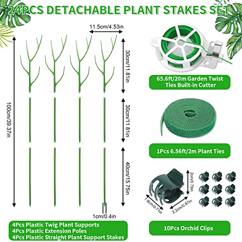 ROADPLUM 4 Pack 39.37" Detachable Twig Plant Support Stakes Set, Blends in to Plant, Branch Plant Sticks with Orchid Clips Twist Plant Ties, Twig Trellis for Indoor Outdoor Plants Potted Plants Flower - color: Green, size: 39.37" - 4 Pack