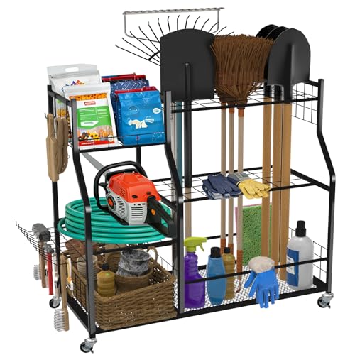 Garden Tool Organizer with Wheels, Metal Rack for Long Handled Tools